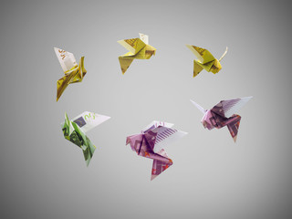 origami birds of euro money fly out - obrazy, fototapety, plakaty