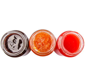 Blueberry, strawberry and orange fruit open lid bottled jam 