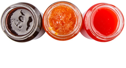 Blueberry, strawberry and orange fruit open lid bottled jam 