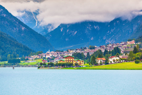 View Auronzo di Cadore and Lake of Auronzo, Italian Dolomites