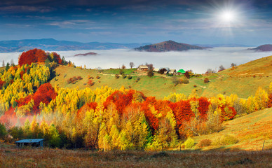 Colorful autumn landscape in the mountain village. Foggy morning