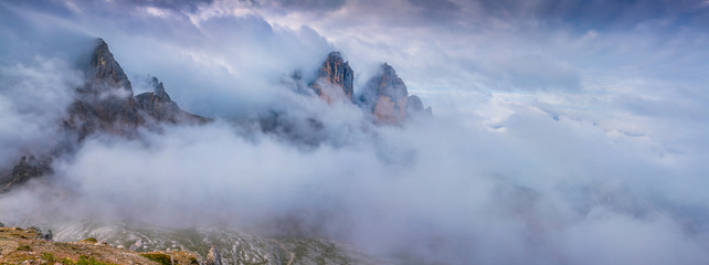 Panorama of the peak of Tre Cime Di Lavaredo, Italian Dolomites,
