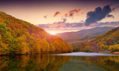 Colorful autumn landscape in the mountain lake