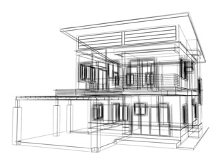 abstract sketch design of house ,3dwire frame render 