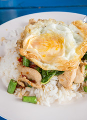 fried basil chicken with fried egg and rice, Thai popular food