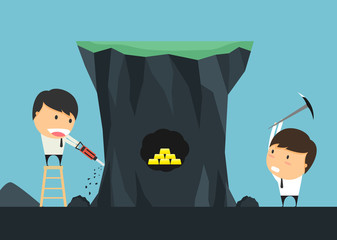 Businessmen advantage competition dig for gold. concept of busin