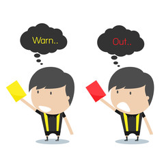 Cartoon soccer referees holding red and yellow card. Vector illu