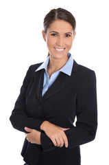 Isolierte lachende erfolgreiche junge Frau in Business Outfit