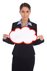 Präsentation oder Promotion: Frau business mit Schild