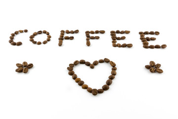 name of coffee and heart made ​​with roasted beans