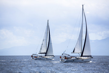 Fototapeta premium Sailboats in front of the regatta in the morning mist.