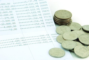 Bank book and money coins isolated , business concept
