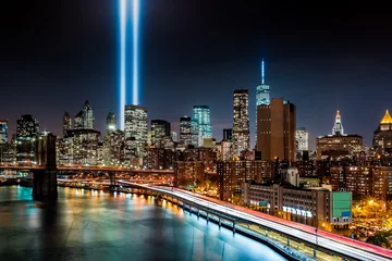 Wall murals Historic building Tribute in Light memorial, on September 11th, in New York City