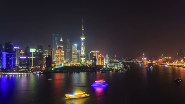 China Shanghai Huangpu River at Night, Timelapse.