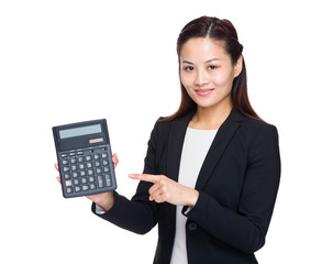 Businesswoman finger point up calculator