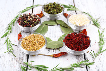 Spices with bay leaves, herbs and chilly pepper