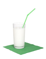 Glass of milk with drinking straw, on green, white background.