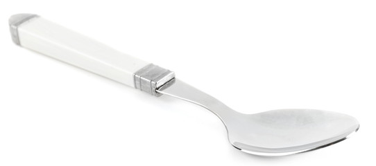 Metal spoon with plastic handle isolated on white