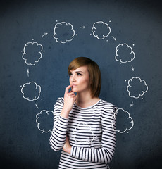 Young woman thinking with cloud circulation around her head