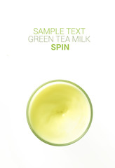 Green tea milk glass top view on white background,isolated