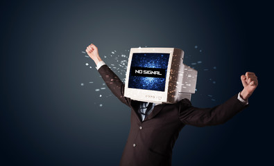 Man with a monitor head, no signal sign on the display