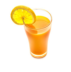 Fresh orange juice and slice of orange top view on white backgro