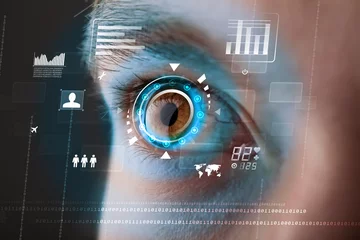 Fotobehang Future woman with cyber technology eye panel concept © ra2 studio