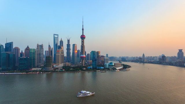 China Shanghai Huangpu River at Sunset, Timelapse.