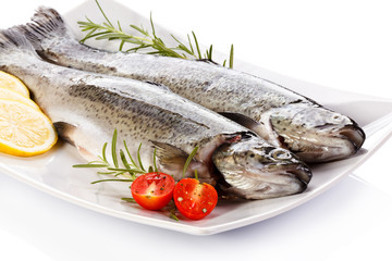 Fresh raw trout on white background