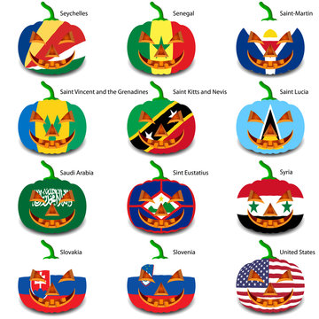 Set pumpkins for Halloween as a flags of the world. Vector illus