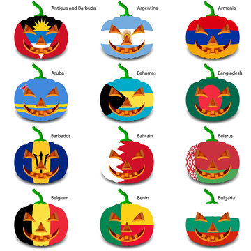 Set pumpkins for Halloween as a flags of the world. Vector illus