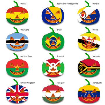 Set pumpkins for Halloween as a flags of the world. Vector illus