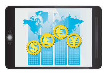 Major currencies symbol on tablet screen
