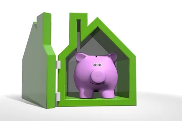 Fototapeten Spaar hypotheek - spaarvarken in groene woning © emieldelange