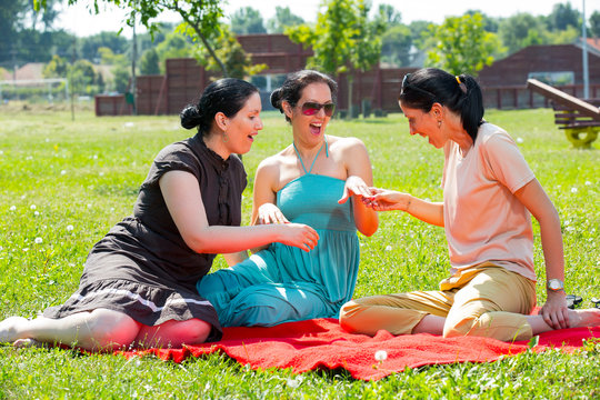 Picnic fun. Three girls having fun at a picnic.