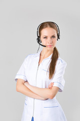Portrait of happy smiling cheerful support phone operator