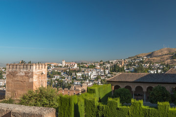 Fototapeta na wymiar View of Walls of Alhambra palace and old town of Granada 