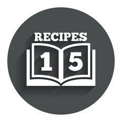 Cookbook sign icon. 15 Recipes book symbol.