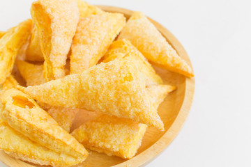Close up  Pie on wooden plate