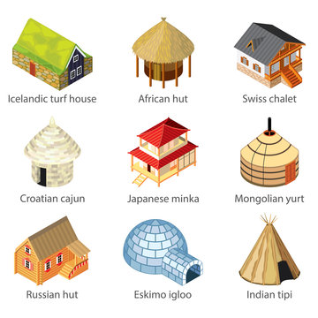 Houses of different nations icons vector set