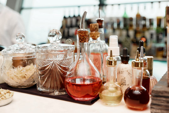 Infusions and spices on bar counter