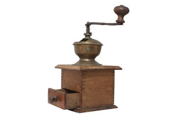 Old wooden coffee grinder isolated on white background