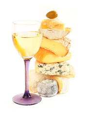 Stack of assorted cheese and wine