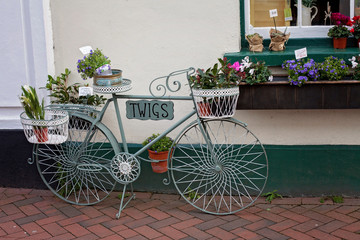 Fototapeta na wymiar Flower on bicycle - basket with flowers, decorative beautiful re