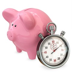 3d piggy bank with stopwatch, save time concept