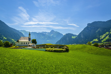 View of beautiful Ziller Valley with white typical church, Alps