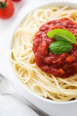 Pasta with tomato sauce top view