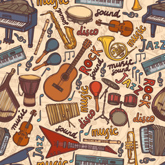 Obraz premium Musical instruments sketch seamless pattern