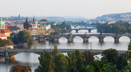 Fototapeta na wymiar Ansicht von Prag und der Moldau mit den Prager Brücken