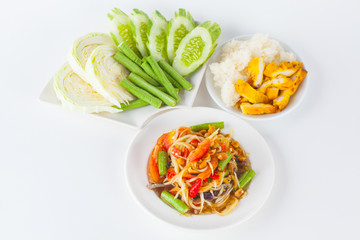 Papaya salad (som tum Thai) with sticky rice and grilled chicken